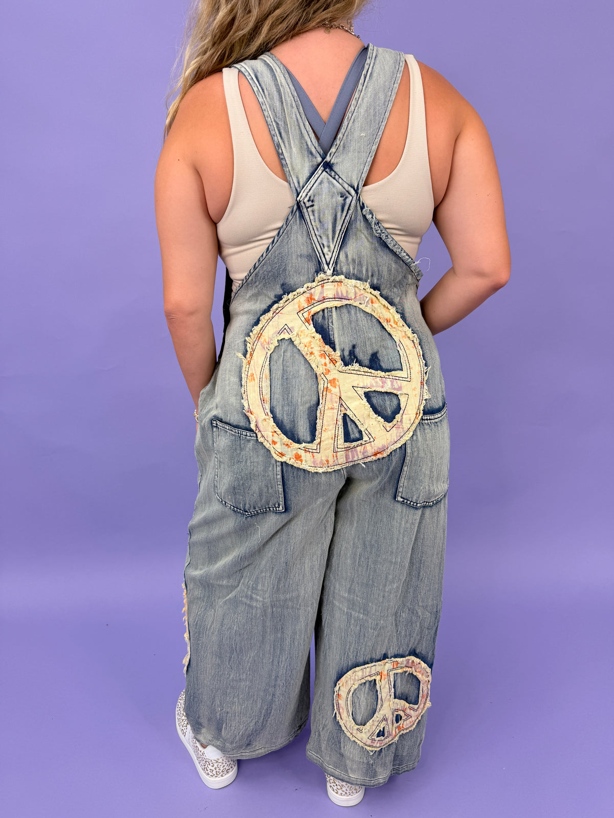 Peace Patchwork Embroidered Denim Bib Overalls