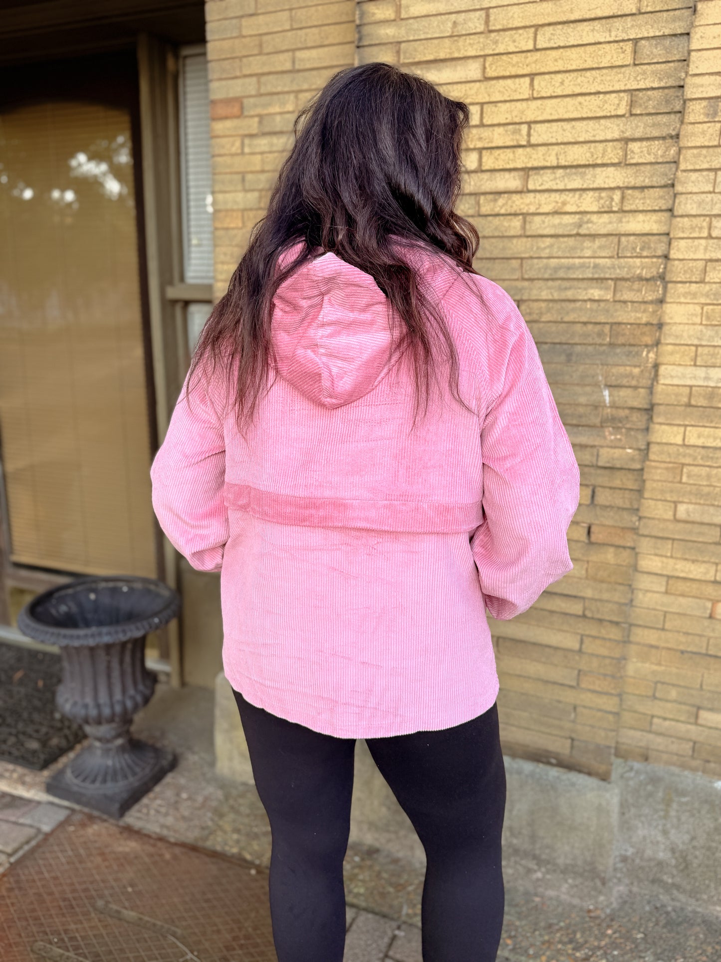 Corduroy Half Zip Hoodie, Kangaroo Pocket - Rose