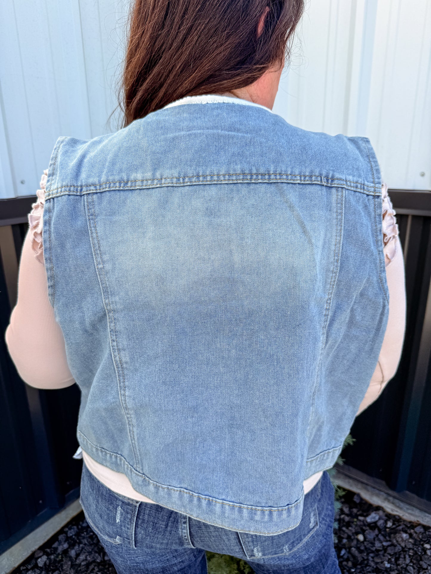Cropped Denim Vest with Ivory Ruffle Trim