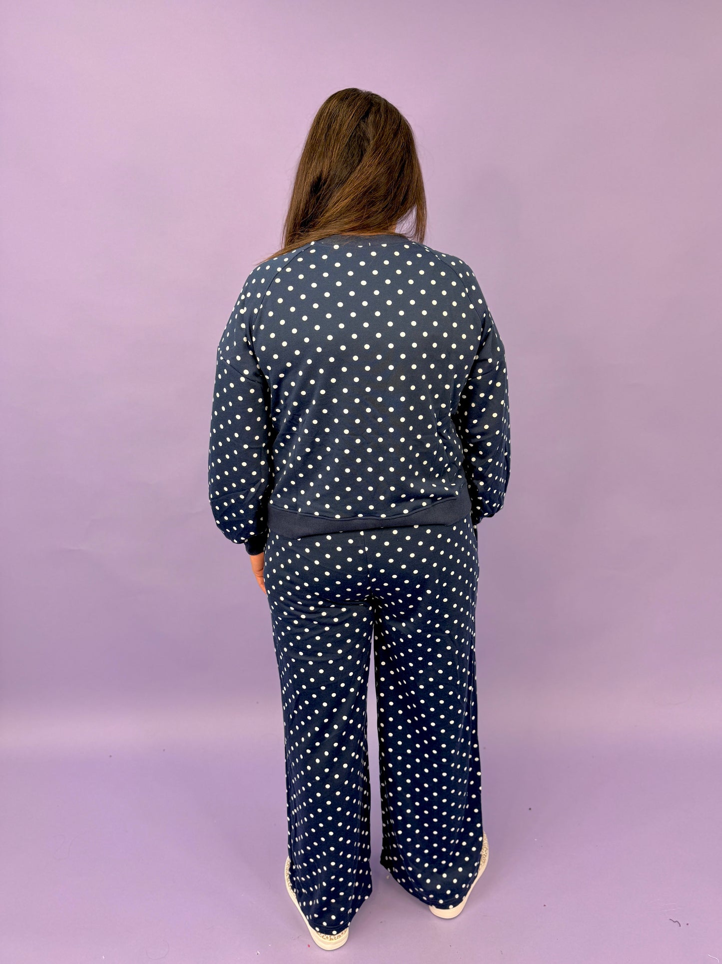 Polka Dot Long Sleeve Top Drawstring Wide Leg Pants Set