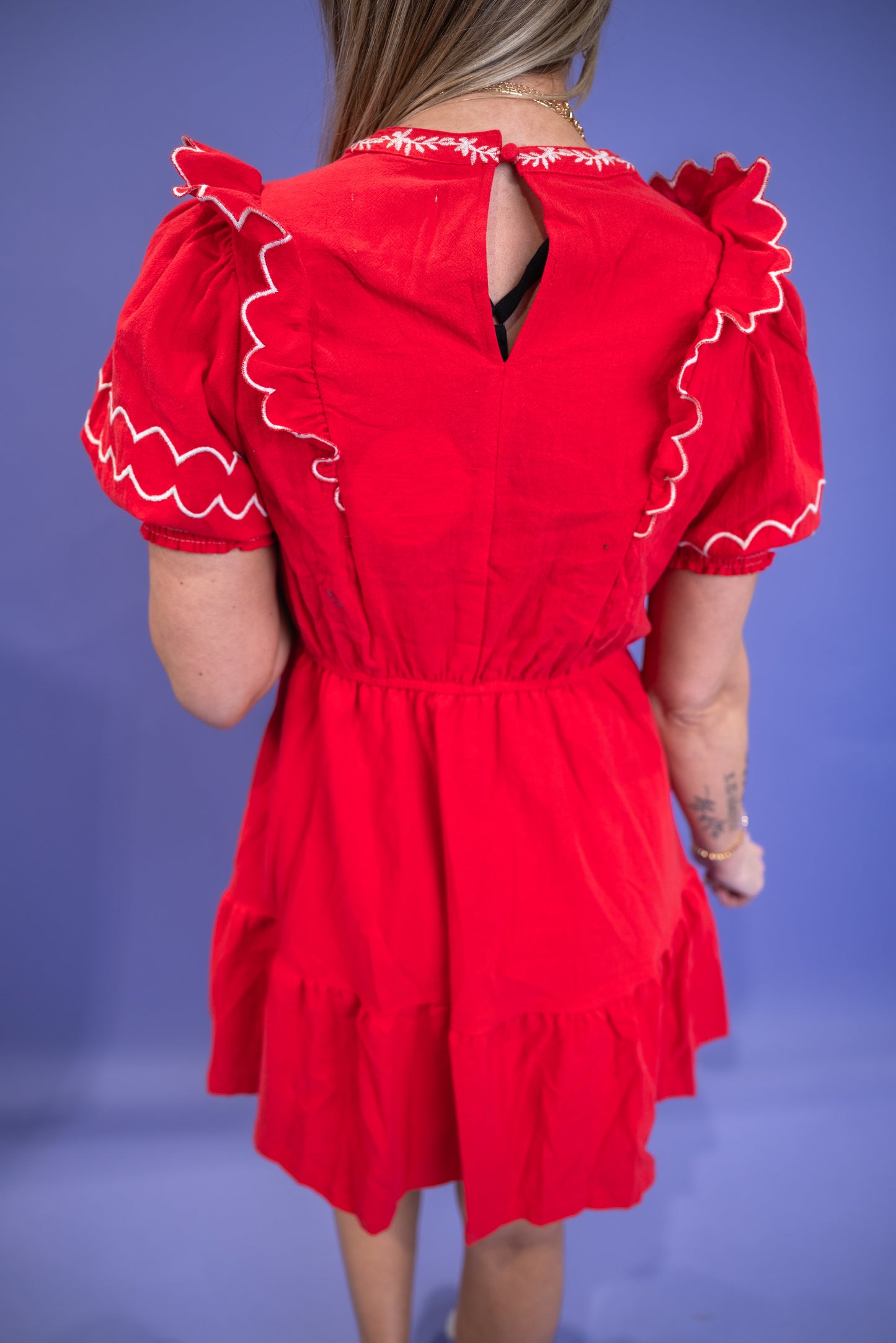 Embroidered Round Neck Mini Dress - Red *Final Sale*