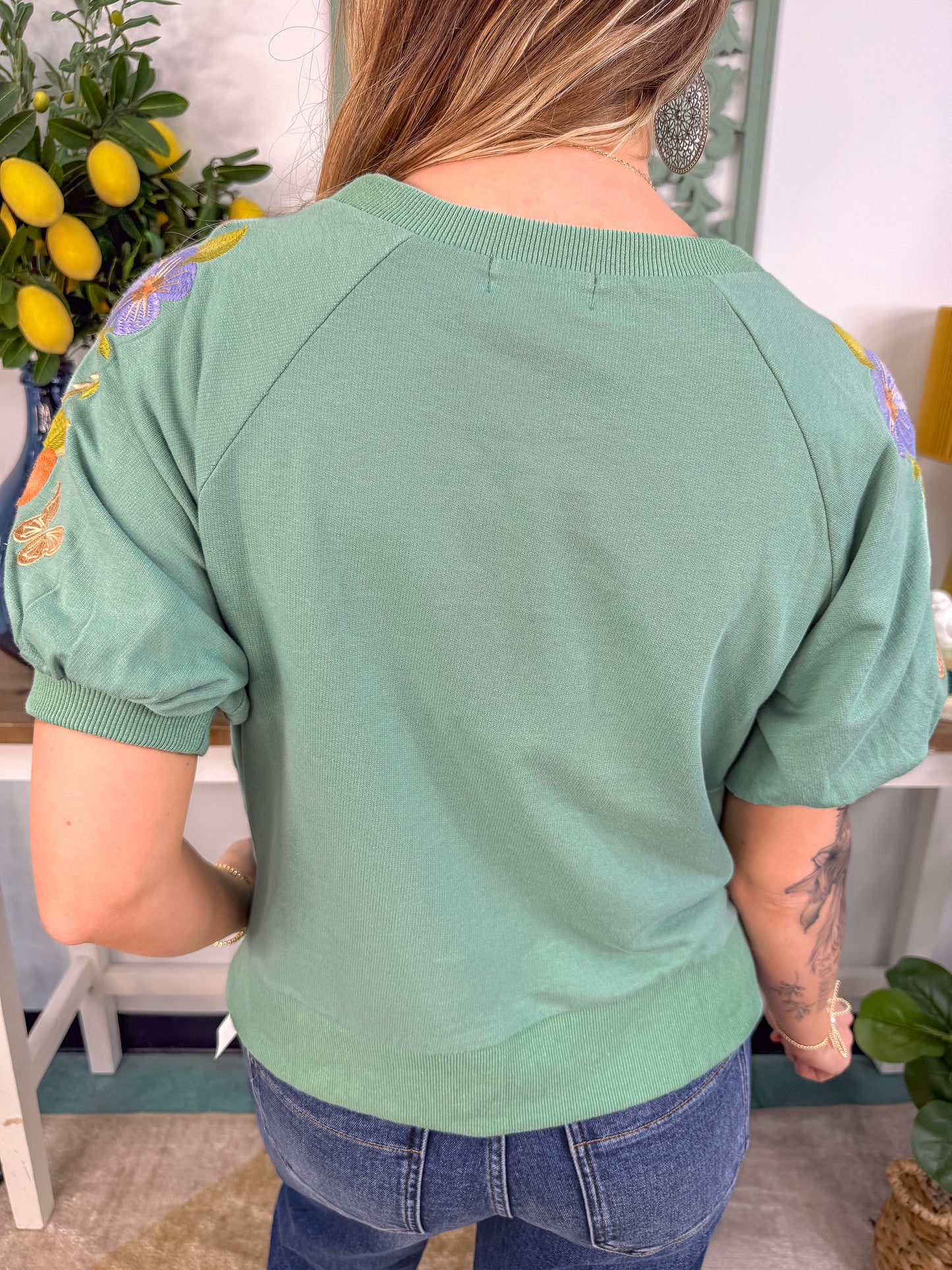 Floral Embroidered Sleeve Mineral Wash Sweatshirt - Sage - EOS Final Sale