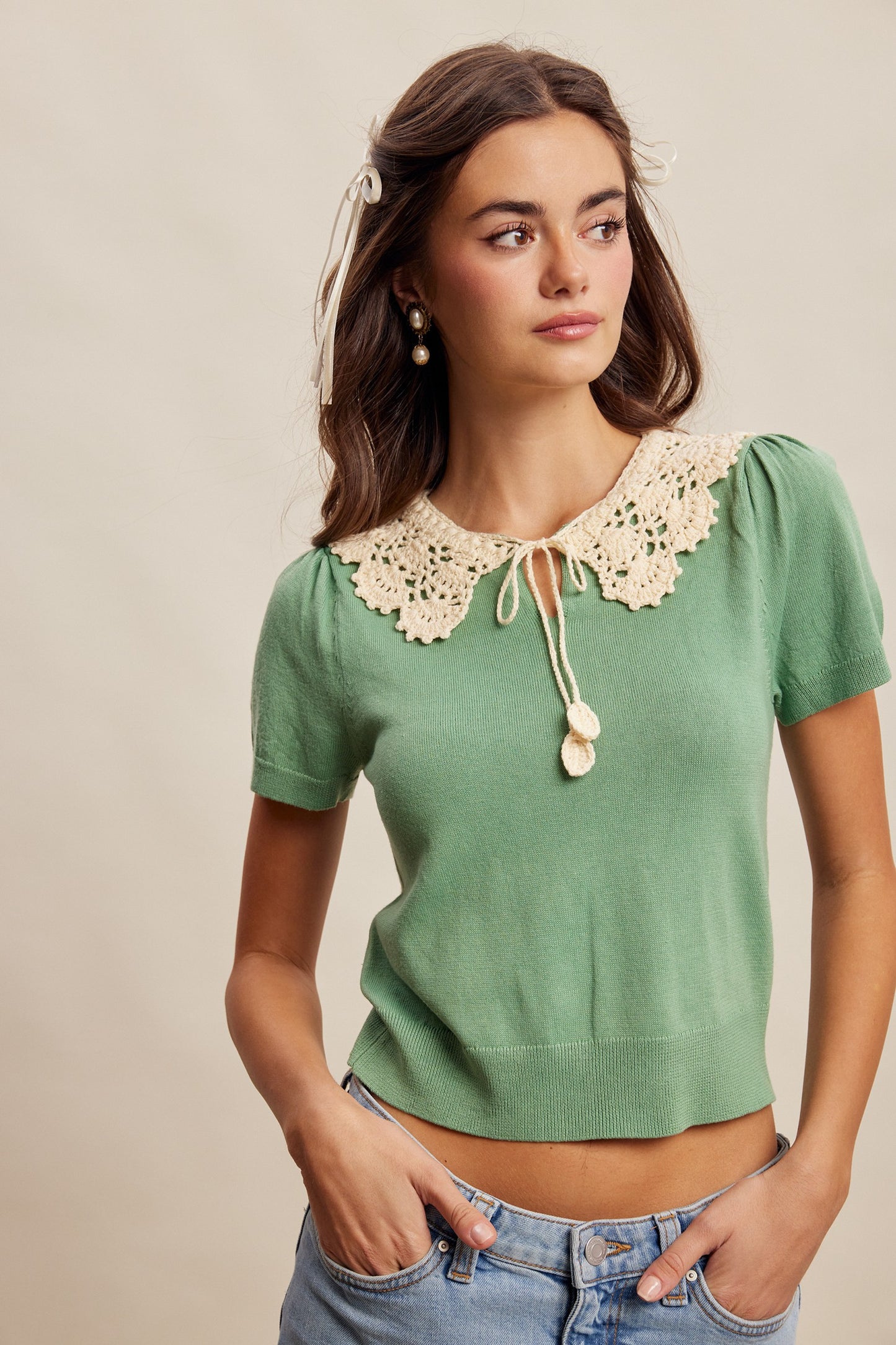 Crochet Collar Short Sleeve Knit Top