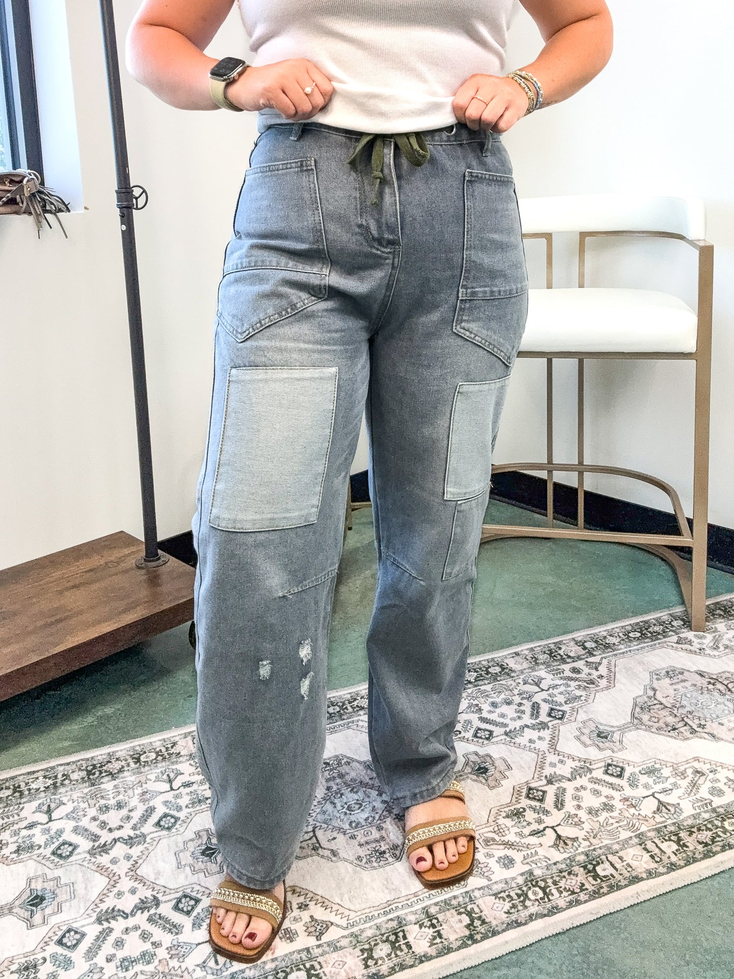 Ladies Vintage Patchwork Drawstring Wide Leg Denim Pants