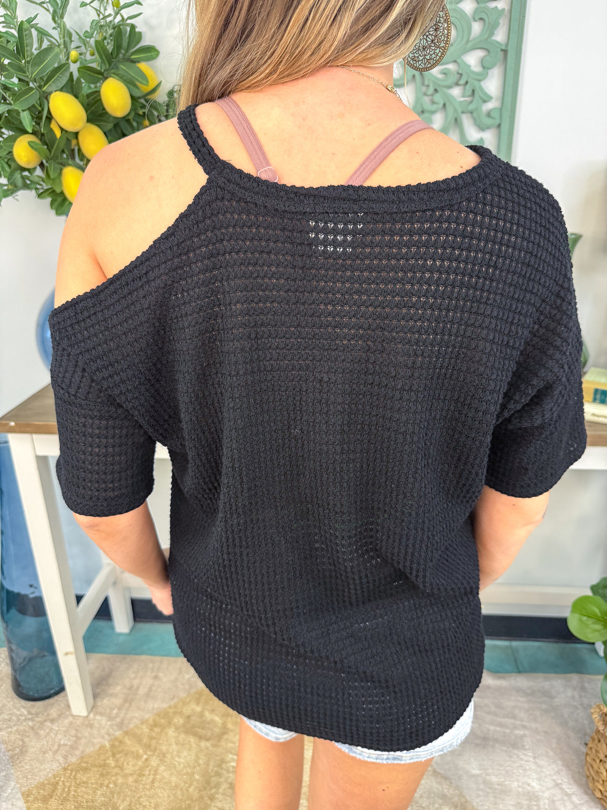 One Shoulder Cut Out Waffle Knit Top - Black - EOS Final Sale