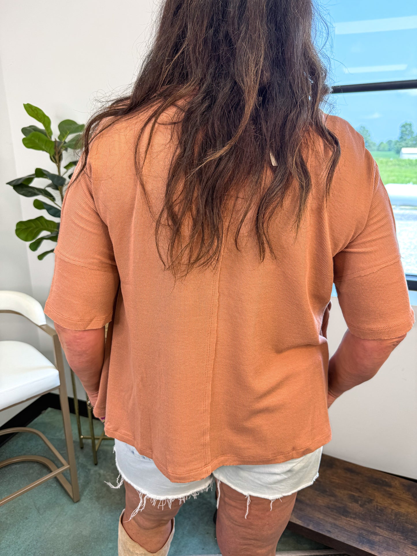 On the Go V Neck Ribbed Essential Tee - Sepia