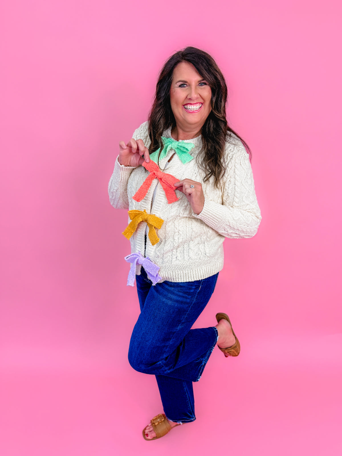 Pastel Bow Cable-Knit Cardigan