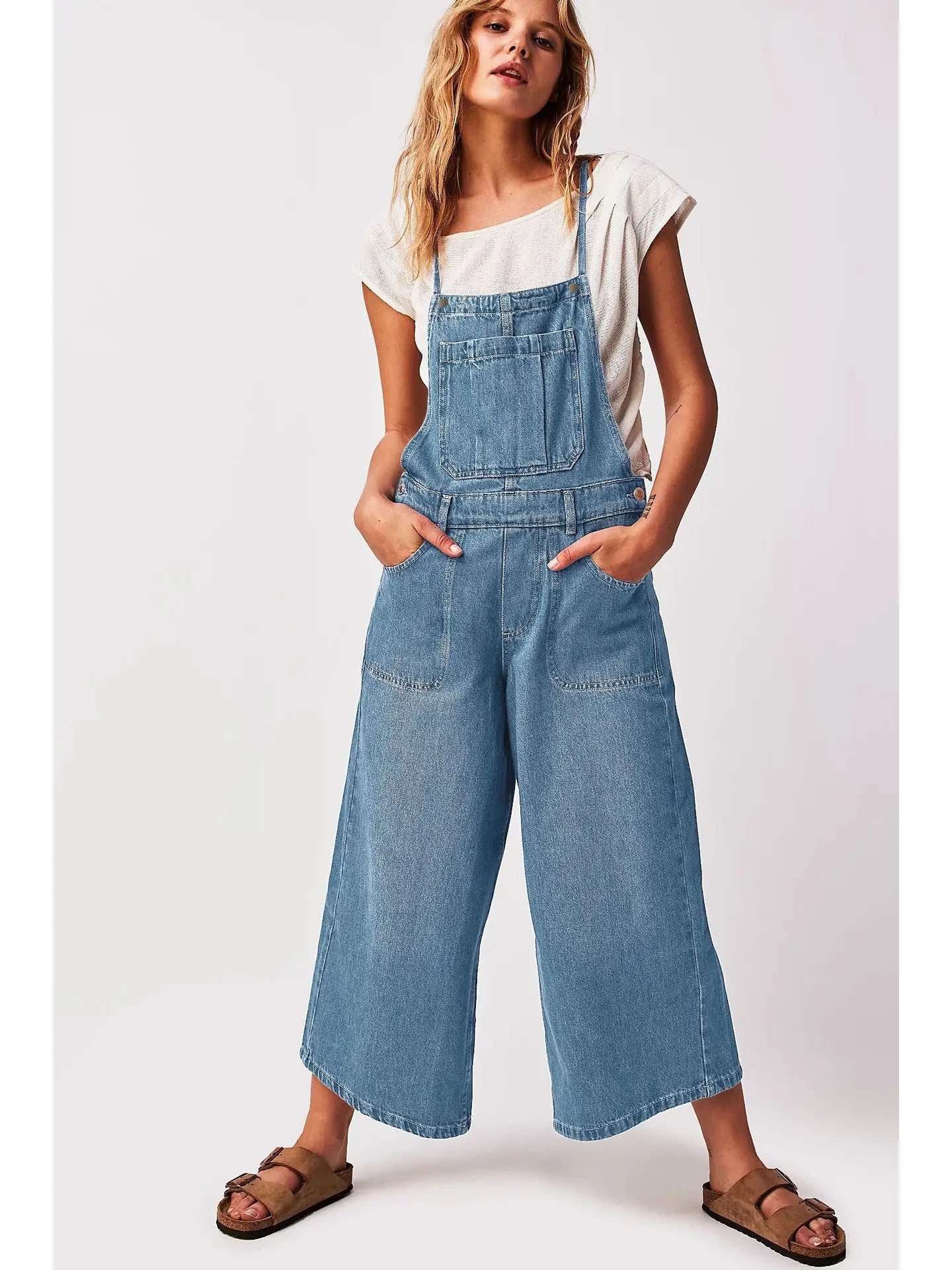 Ladies String Shoulder String Tie Wide Leg Denim Jumpsuit