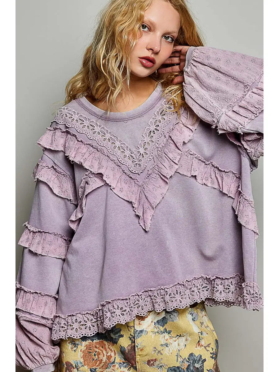 French Terry Eyelet Ruffle Vintage Washing Solid Knit Top