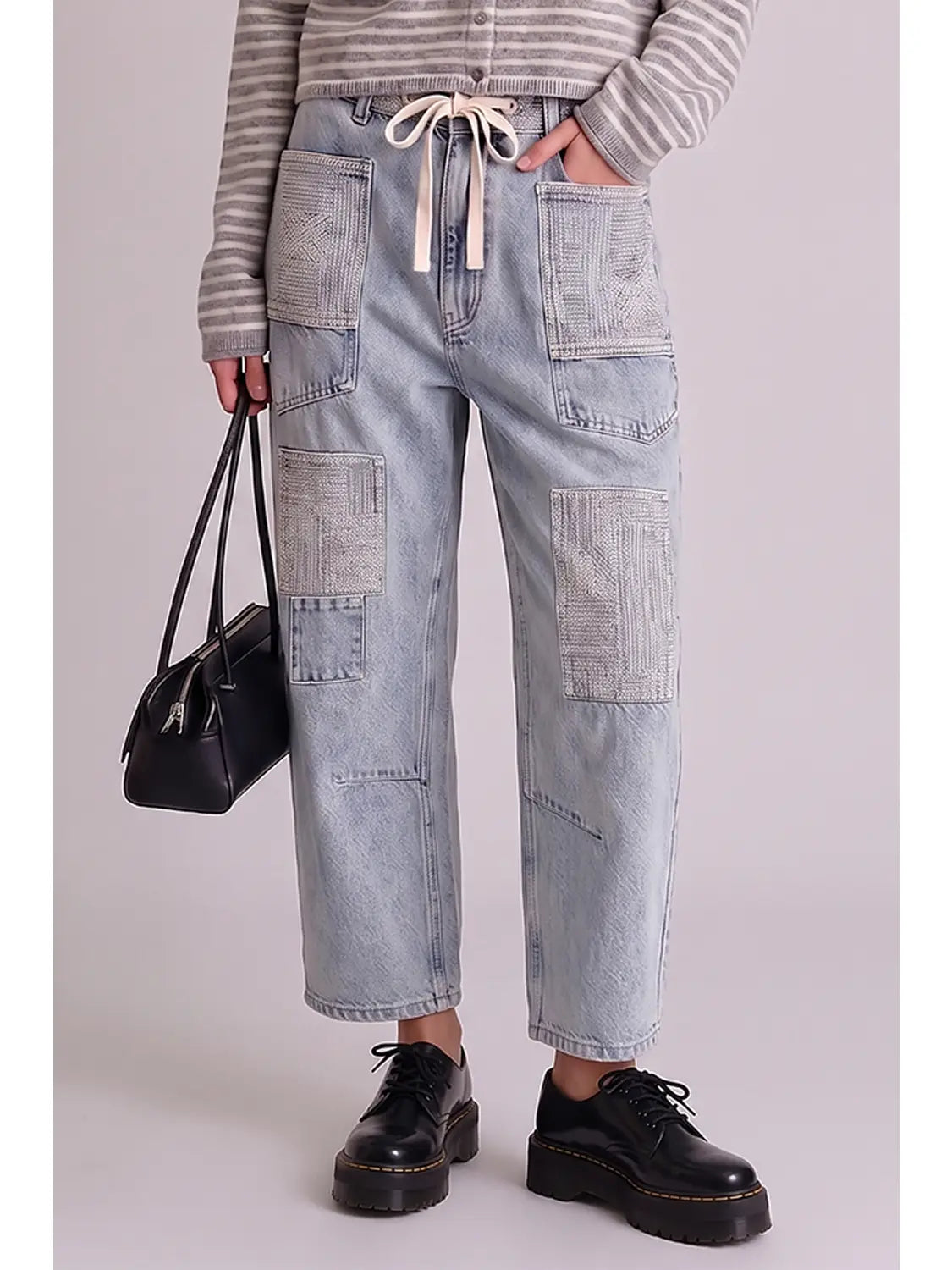 Jean Patch Detail Washed Denim Barrel Jeans