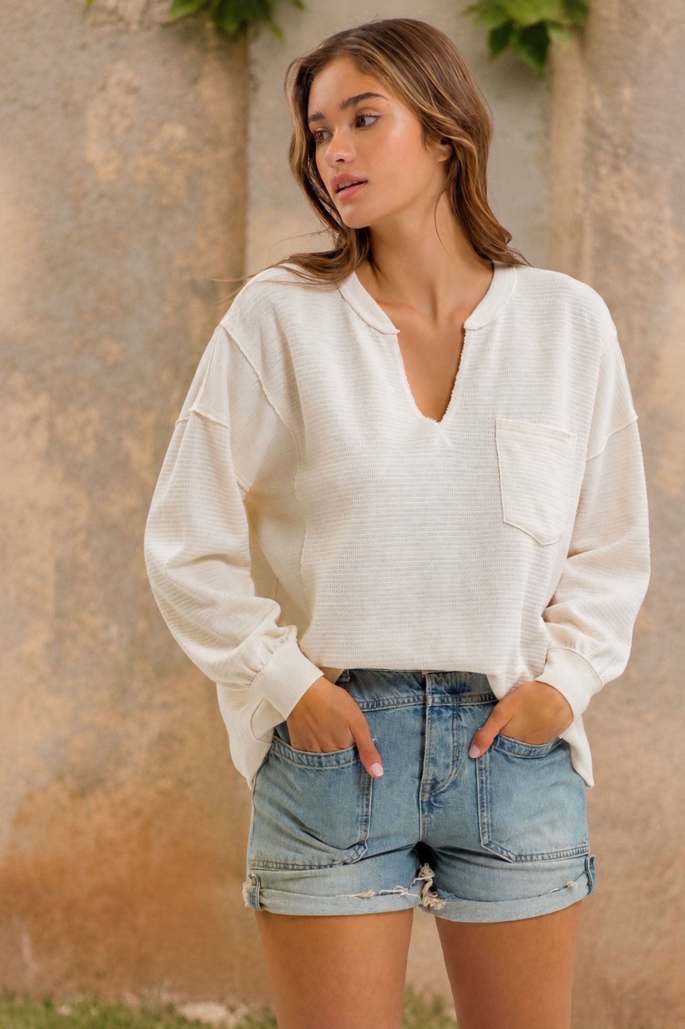 Solid Patchwork Split Neck Knit Top