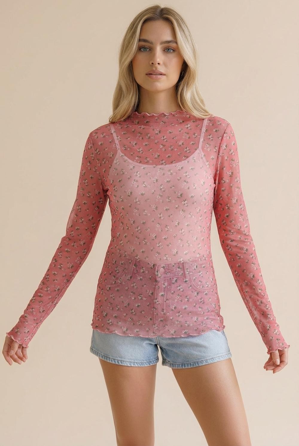 Delicate Bloom Mesh Top - Pink