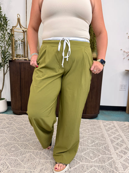 Contrast Waist Wide Leg Pants