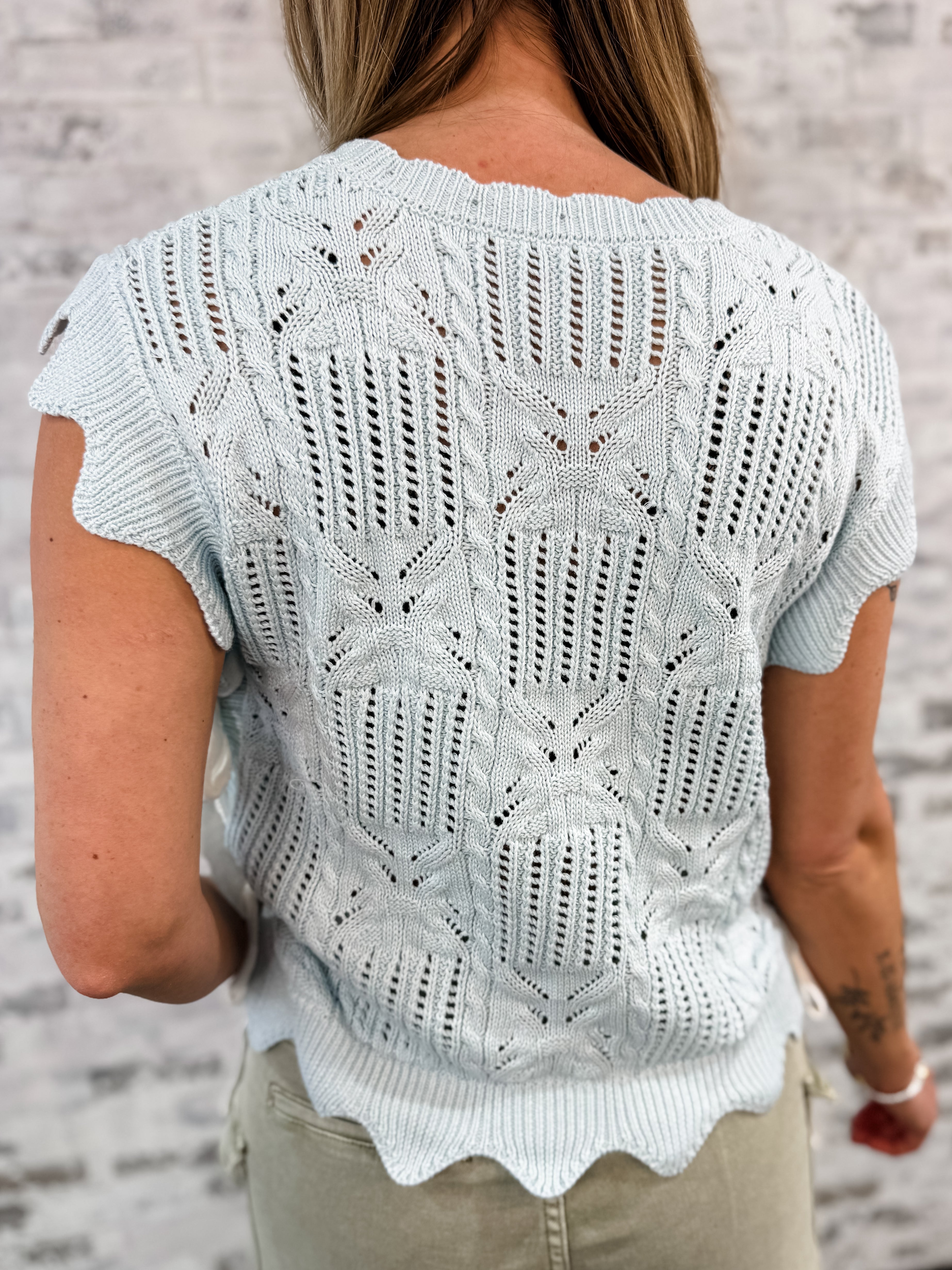 Sweet Scallop Tie Sweater Top - Blue