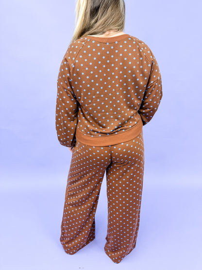 Polka Dot Long Sleeve Top Drawstring Wide Leg Pants Set