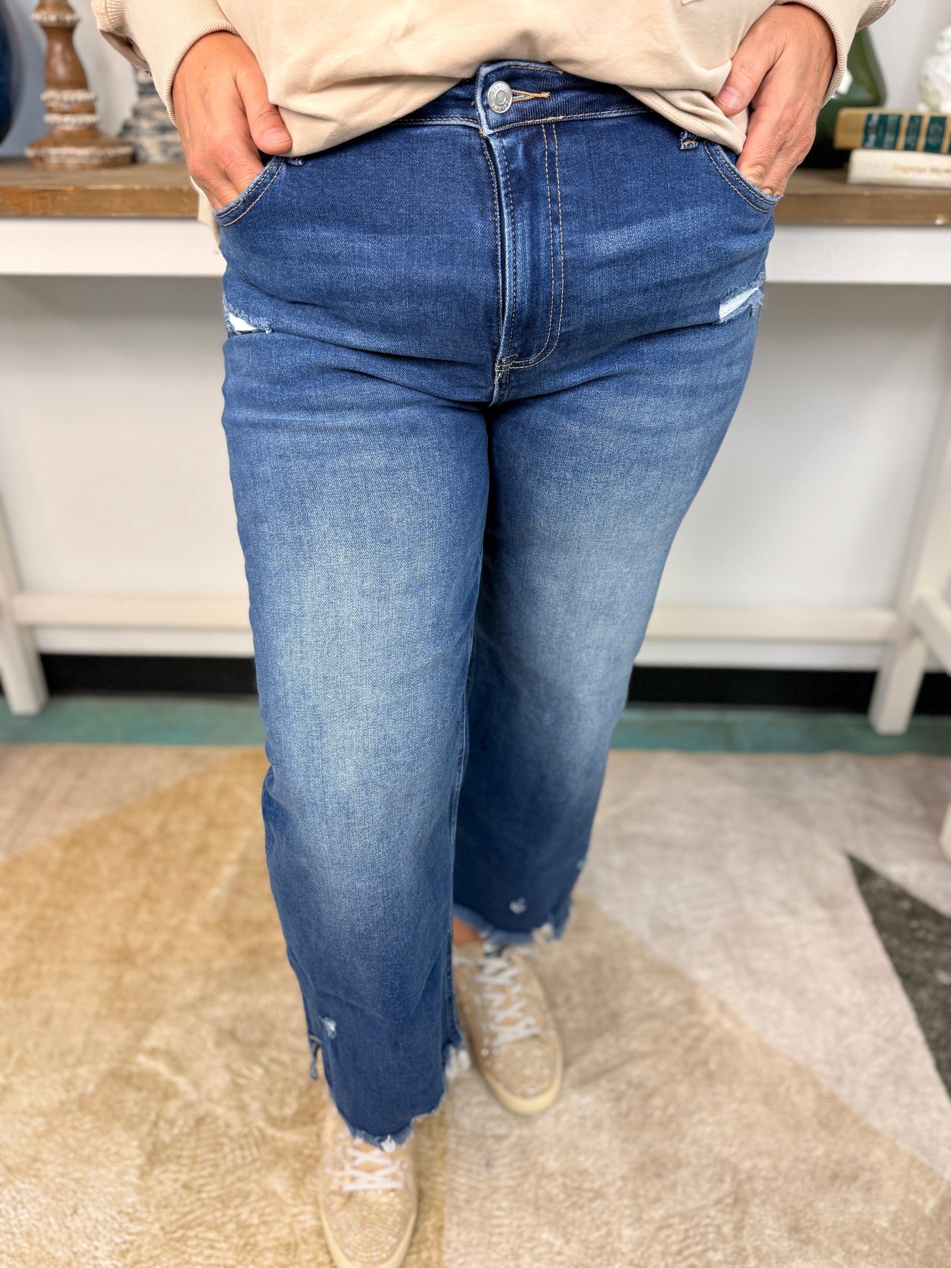 Distressed Raw Hem Denim Pants