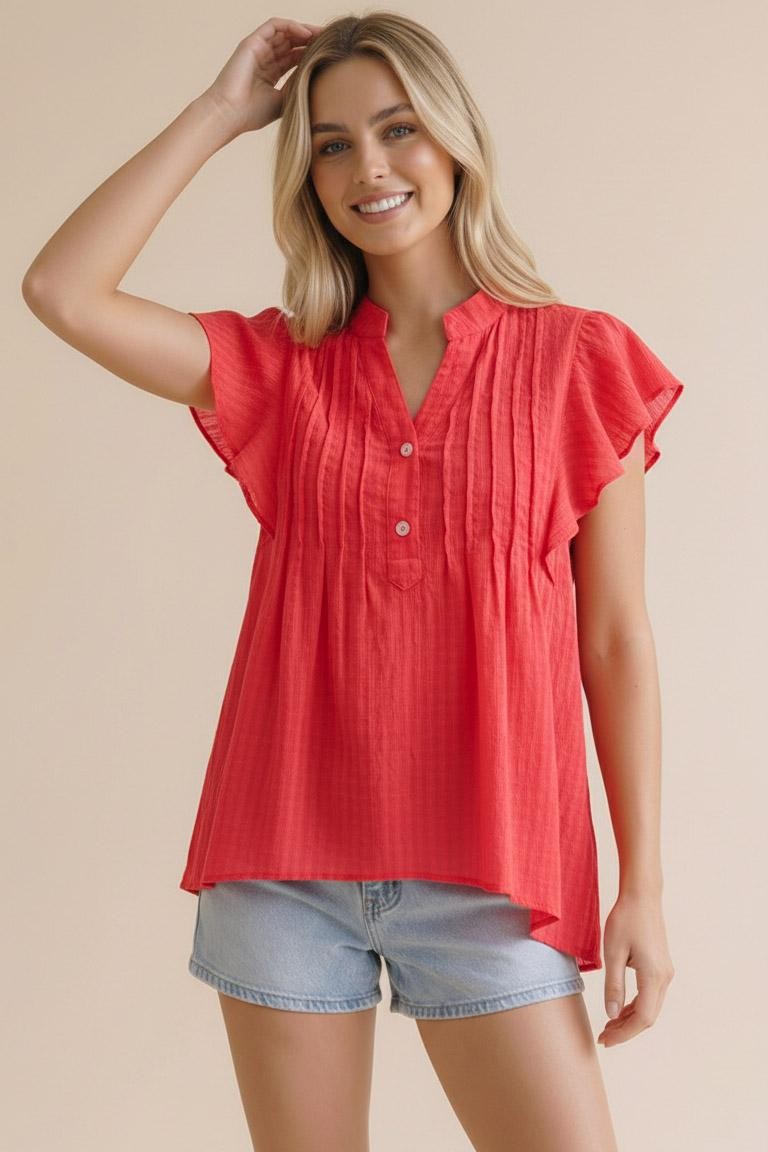 Breezy Textured Flutter Sleeve Blouse - Red