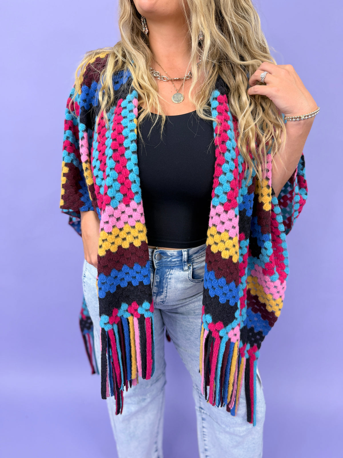 Multi Colorful 3D Textured Geometric Fringe Ruana Cardigan