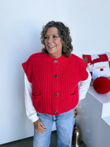Luxe Vintage Gold Button Front Pocket Cardigan - Red