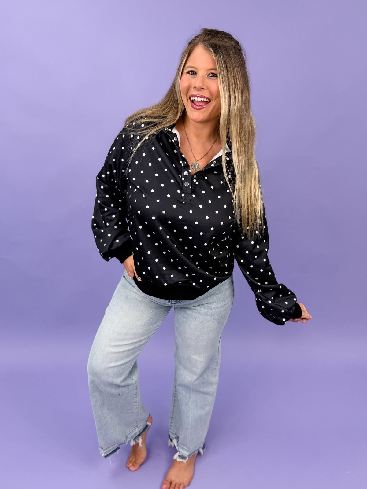 Polka Dot Collar Raglan Pullover Oversized Sweatshirt | DOORBUSTER