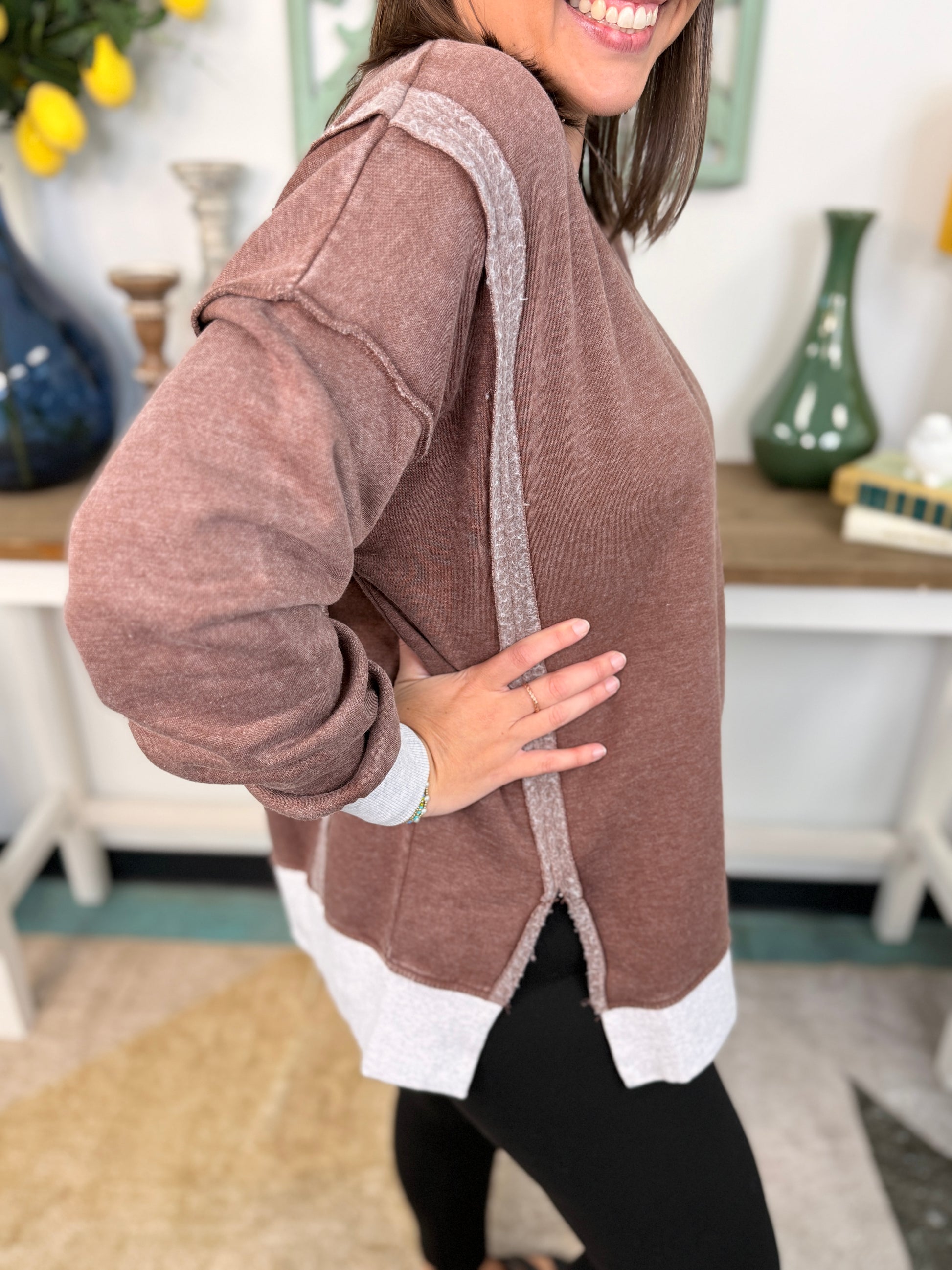 Fleece Acid Washed Contrast Trim Pullover