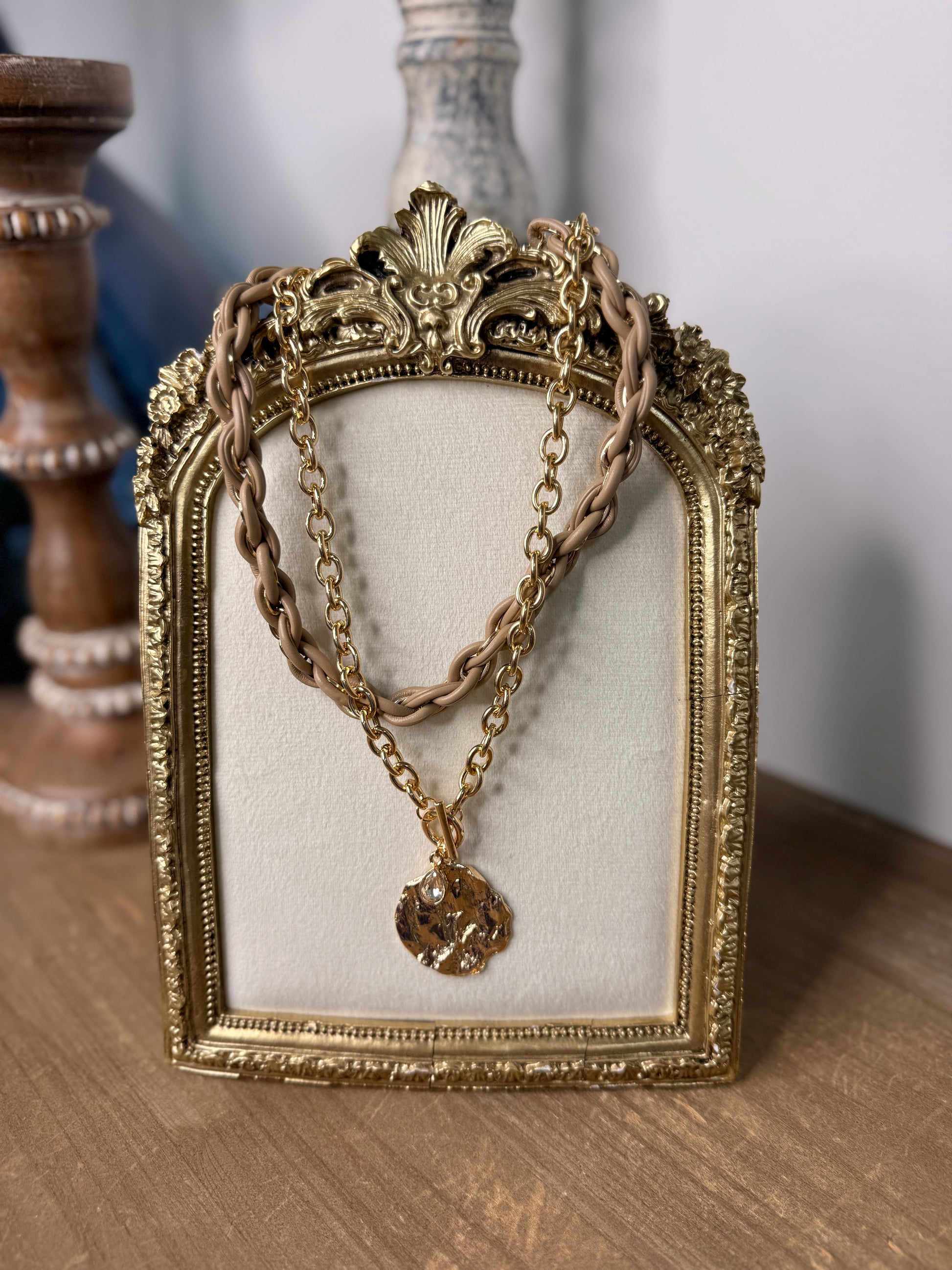 Layered Leather & Geometric Round Necklace