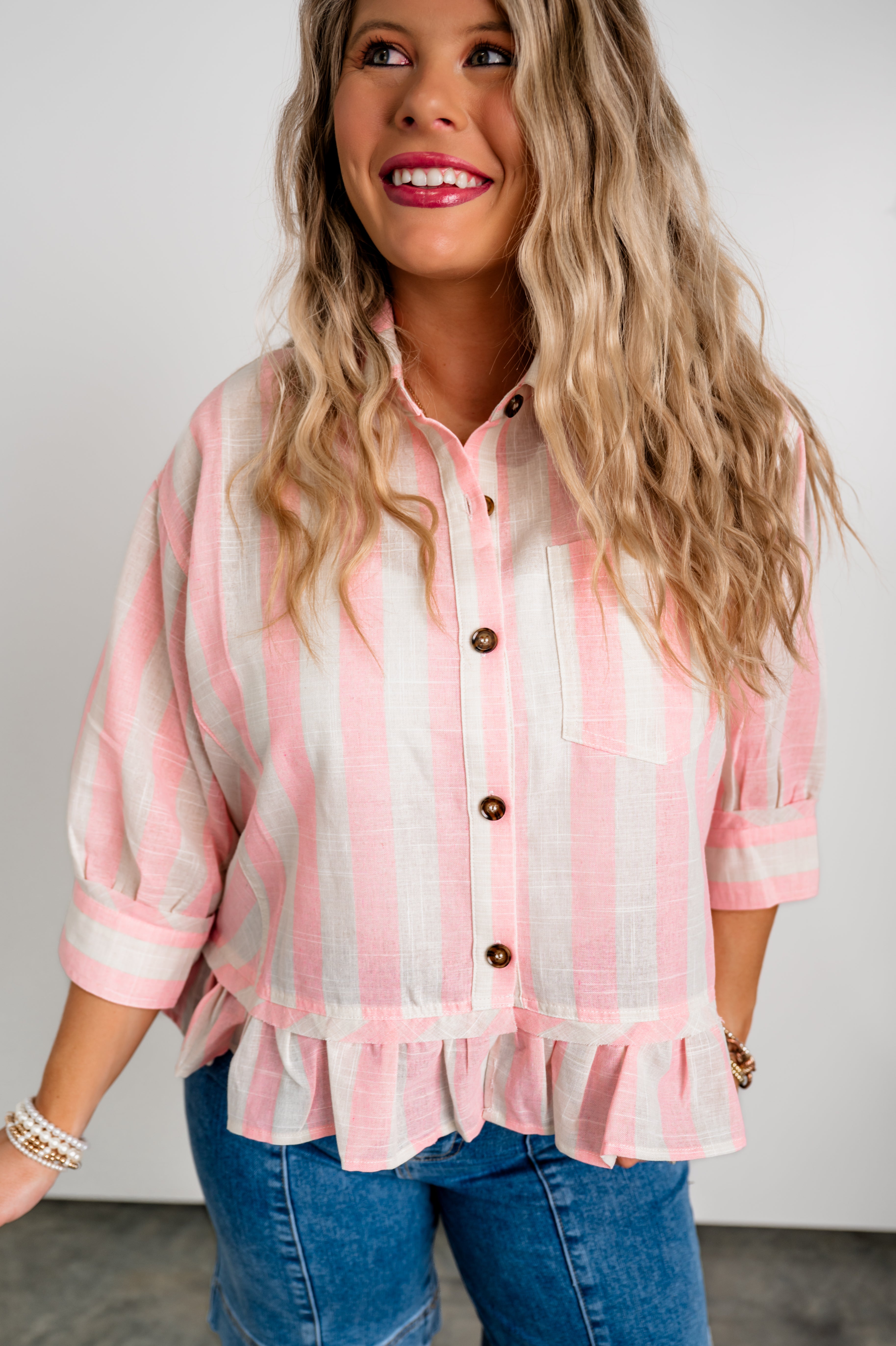 Stripe & Statement Top - Pink
