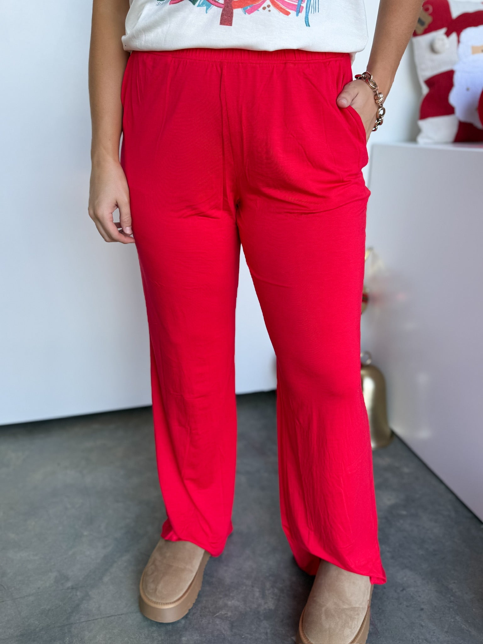 Soft Drape Wide Leg Pants - Red
