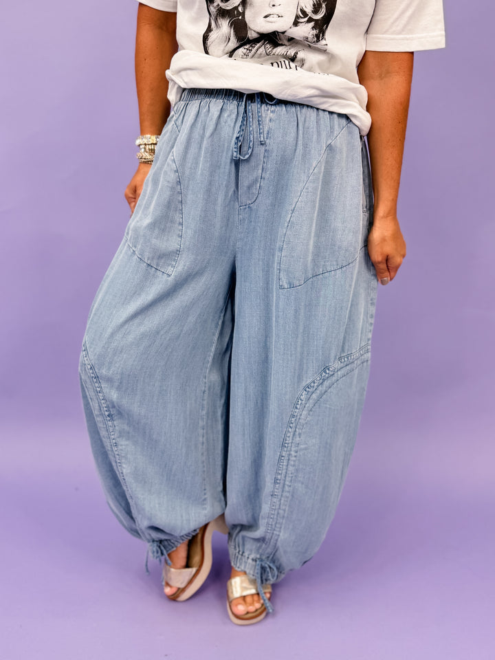 Washed Chambray Adjustable Leg Balloon Pants