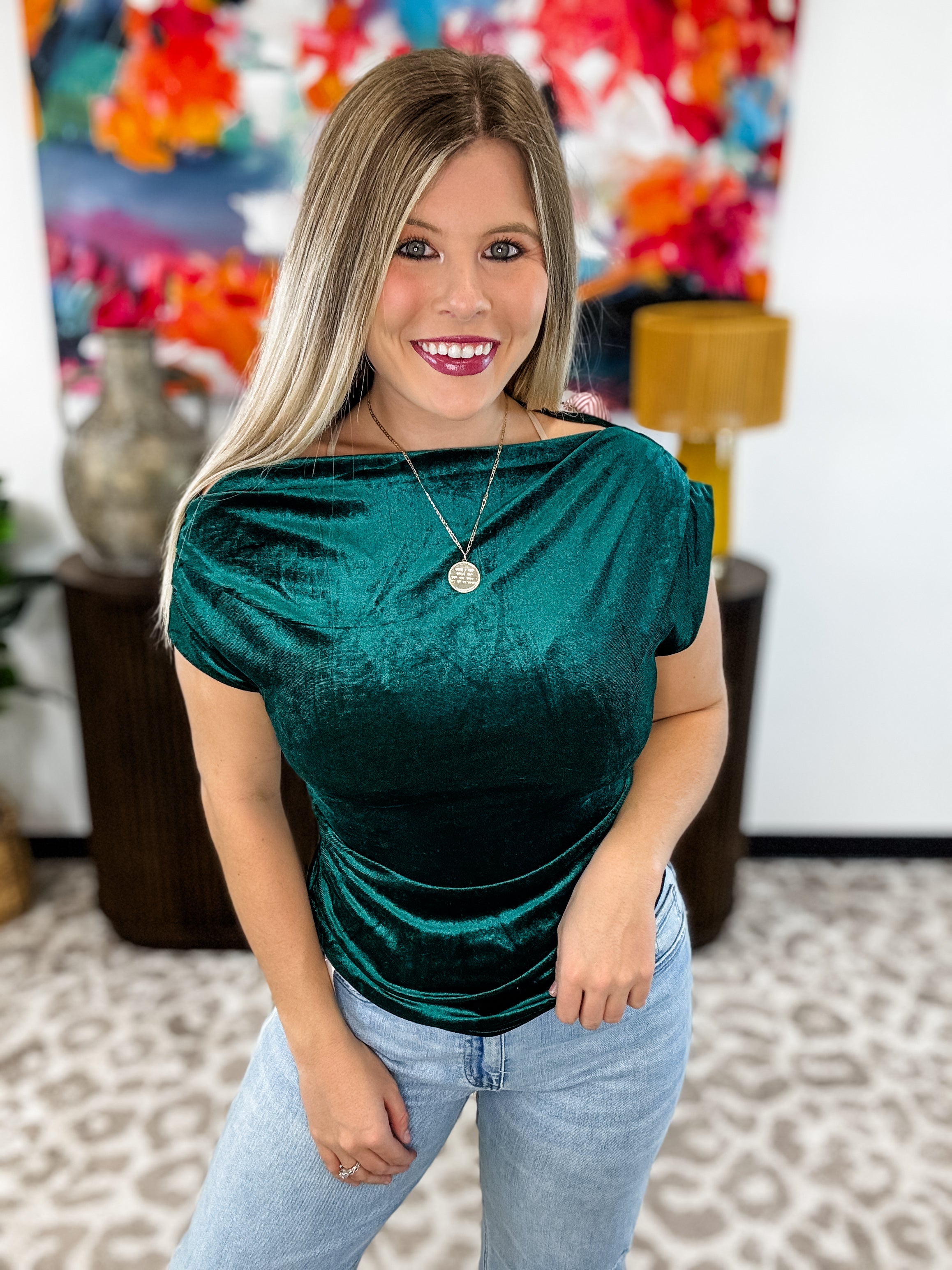 Celeste Velvet Ruched Top - Green