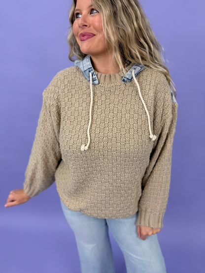 Denim Hood Textured Knit Pullover Sweater