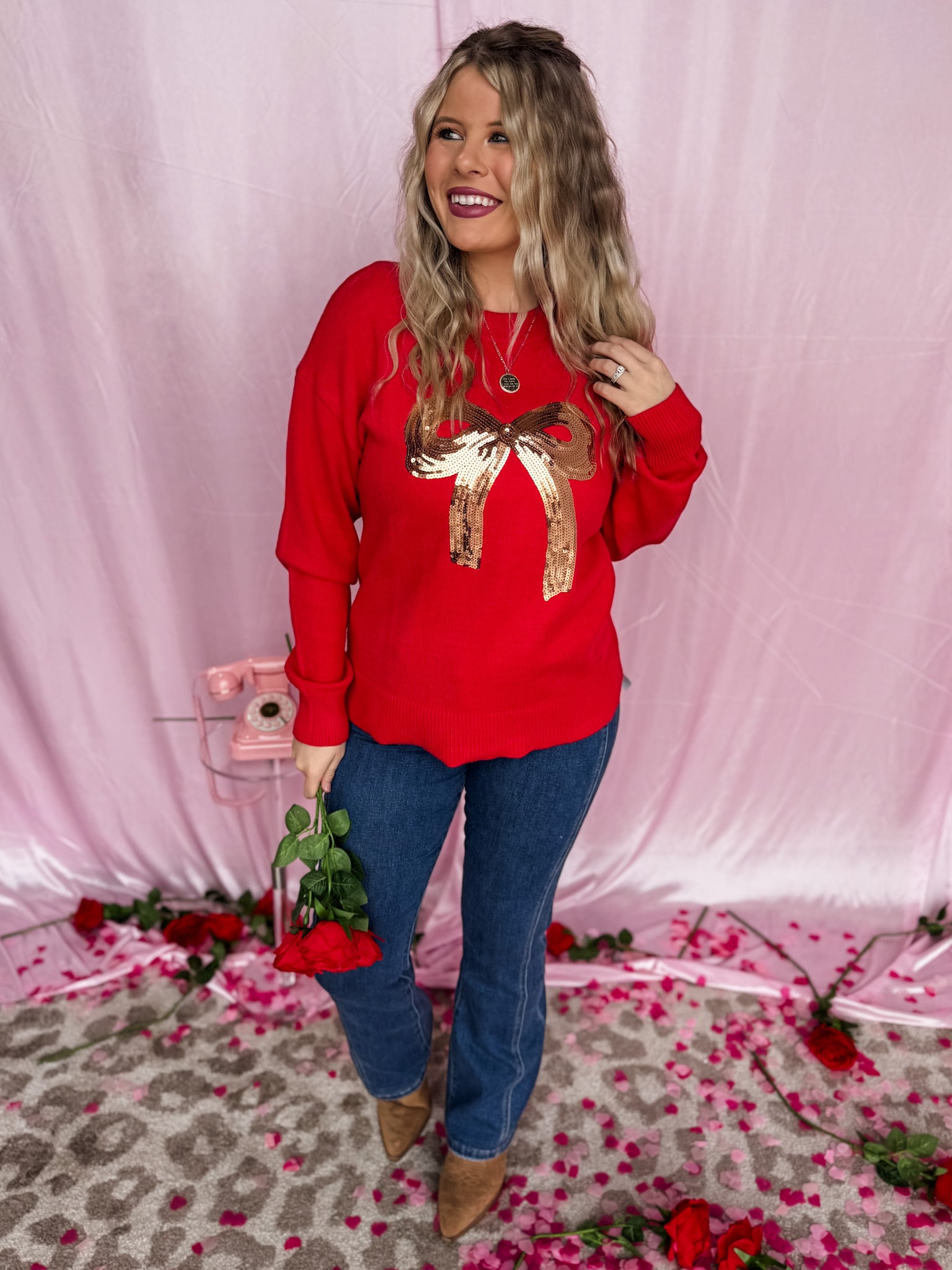 The Sparkle & Shine Bow Sweater - Red