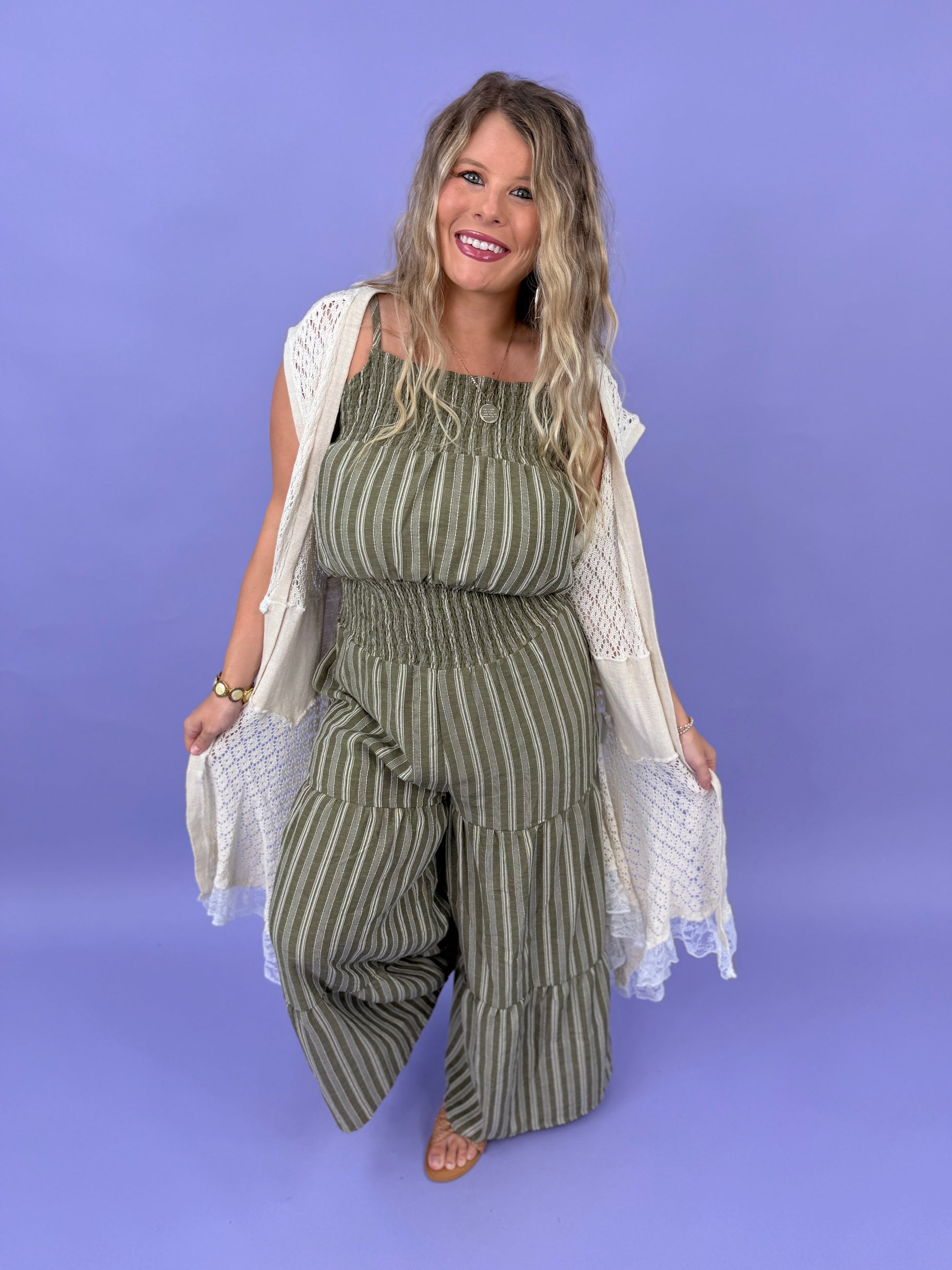 Stripe Woven Smocking Jumpsuit With Adjustable Straps