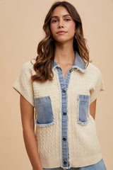 Textured Knit & Denim Contrast Top