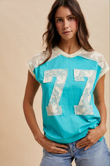 Lace Appliqué Number Graphic Tee - Turquoise