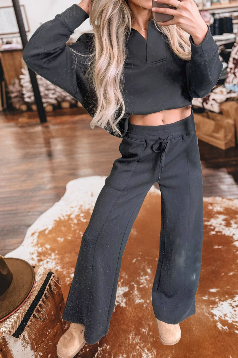 Luxe Lounge V-Neck Set - Black