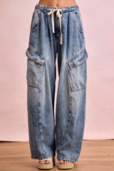Drawstring Cargo Denim Pants