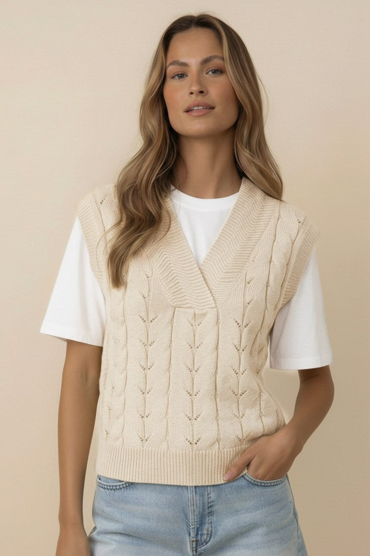Classic Cable Knit Sweater Vest - Cream
