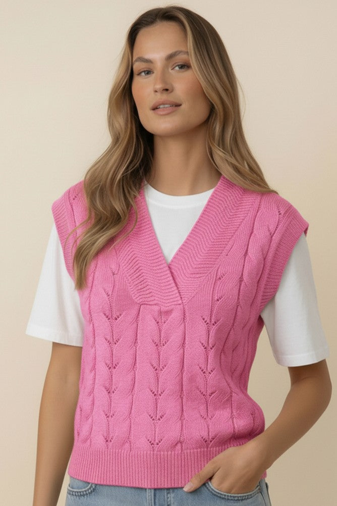 Classic Cable Knit Sweater Vest - Pink
