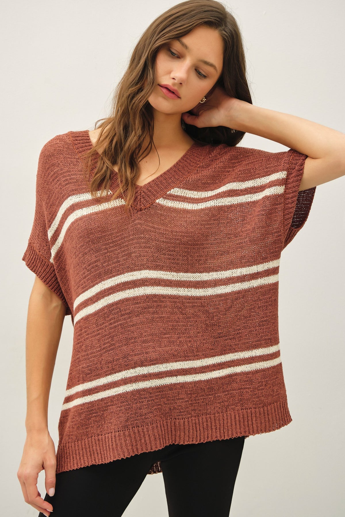 Stripe the Season V-Neck Sweater - Terracotta