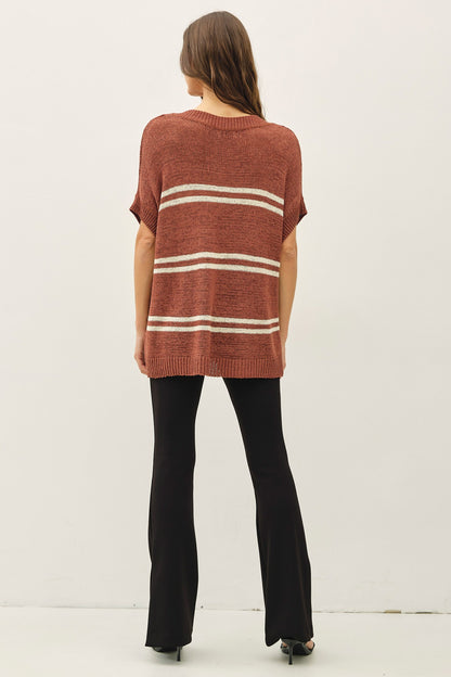 Stripe the Season V-Neck Sweater - Terracotta