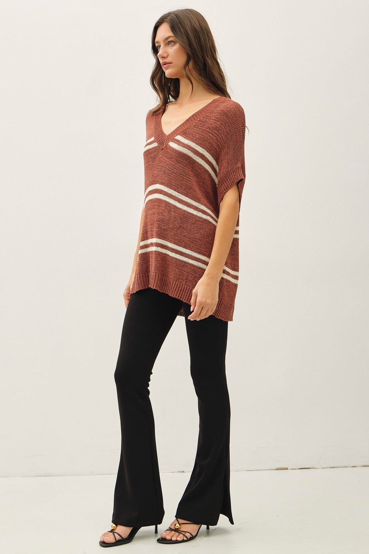 Stripe the Season V-Neck Sweater - Terracotta