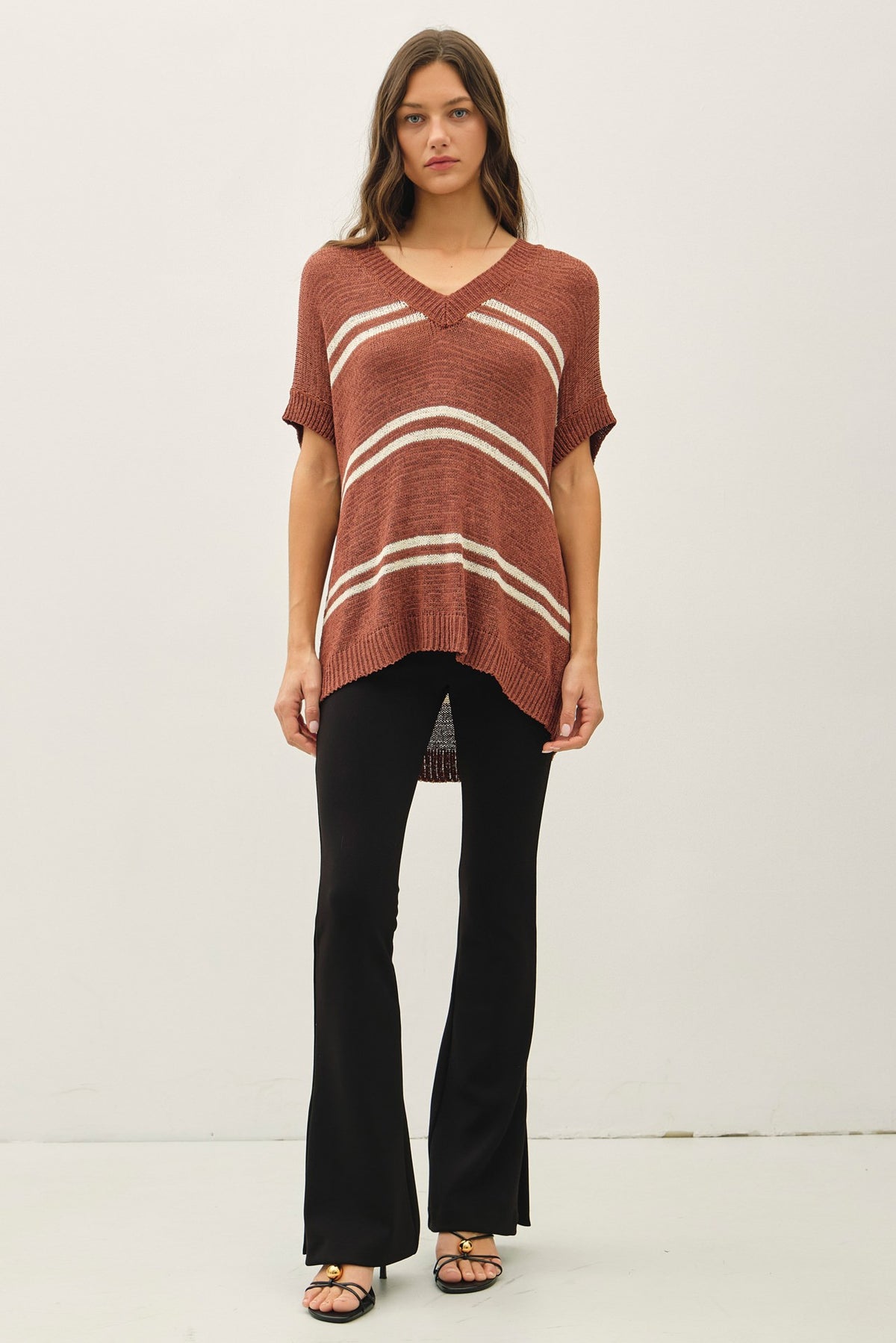 Stripe the Season V-Neck Sweater - Terracotta