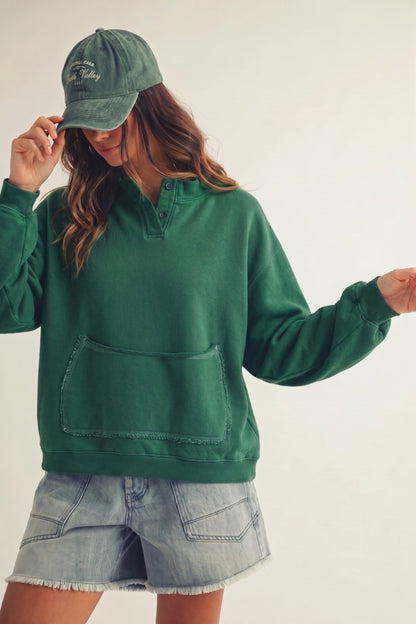 Button Me Cozy Pocket Sweatshirt - Hunter Green