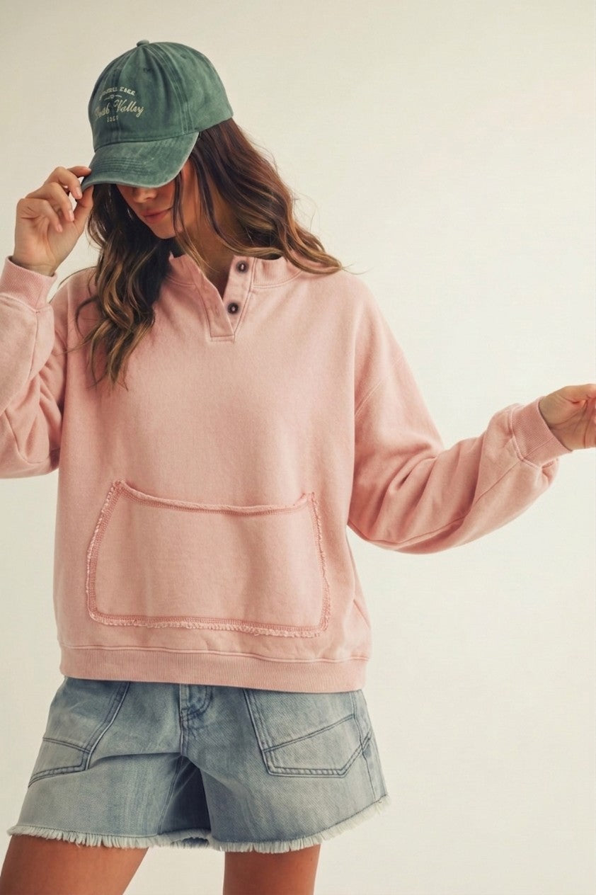 Button Me Cozy Pocket Sweatshirt - Blush