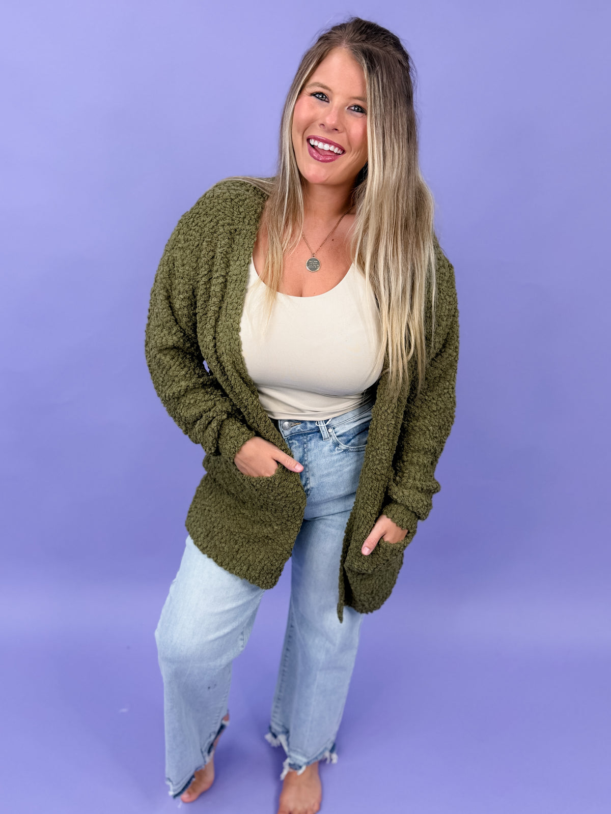 Long Sleeve Popcorn Sweater Cardigan With Pockets | DOORBUSTER