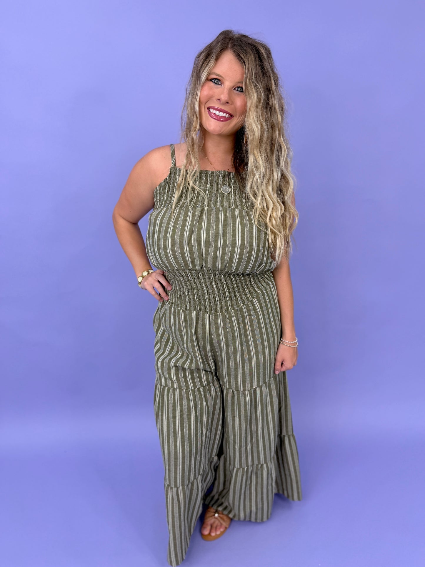 Stripe Woven Smocking Jumpsuit With Adjustable Straps