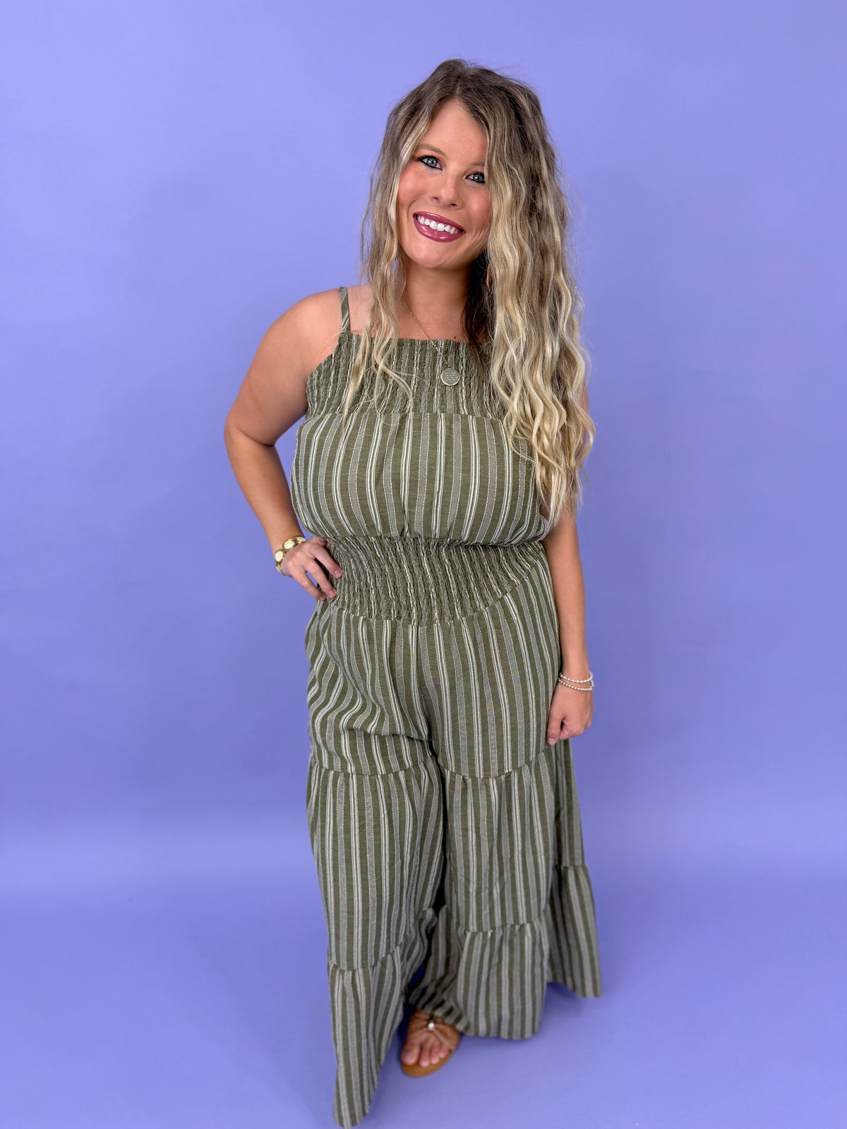 Stripe Woven Smocking Jumpsuit With Adjustable Straps