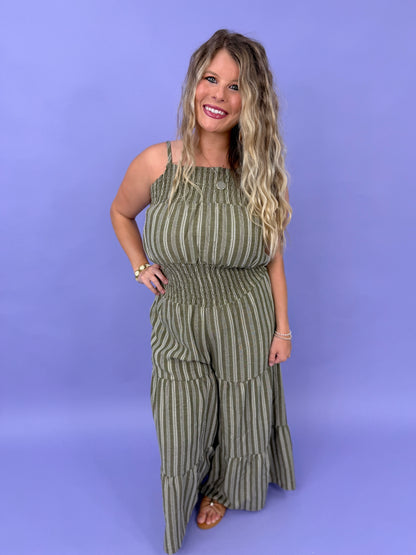 Stripe Woven Smocking Jumpsuit With Adjustable Straps