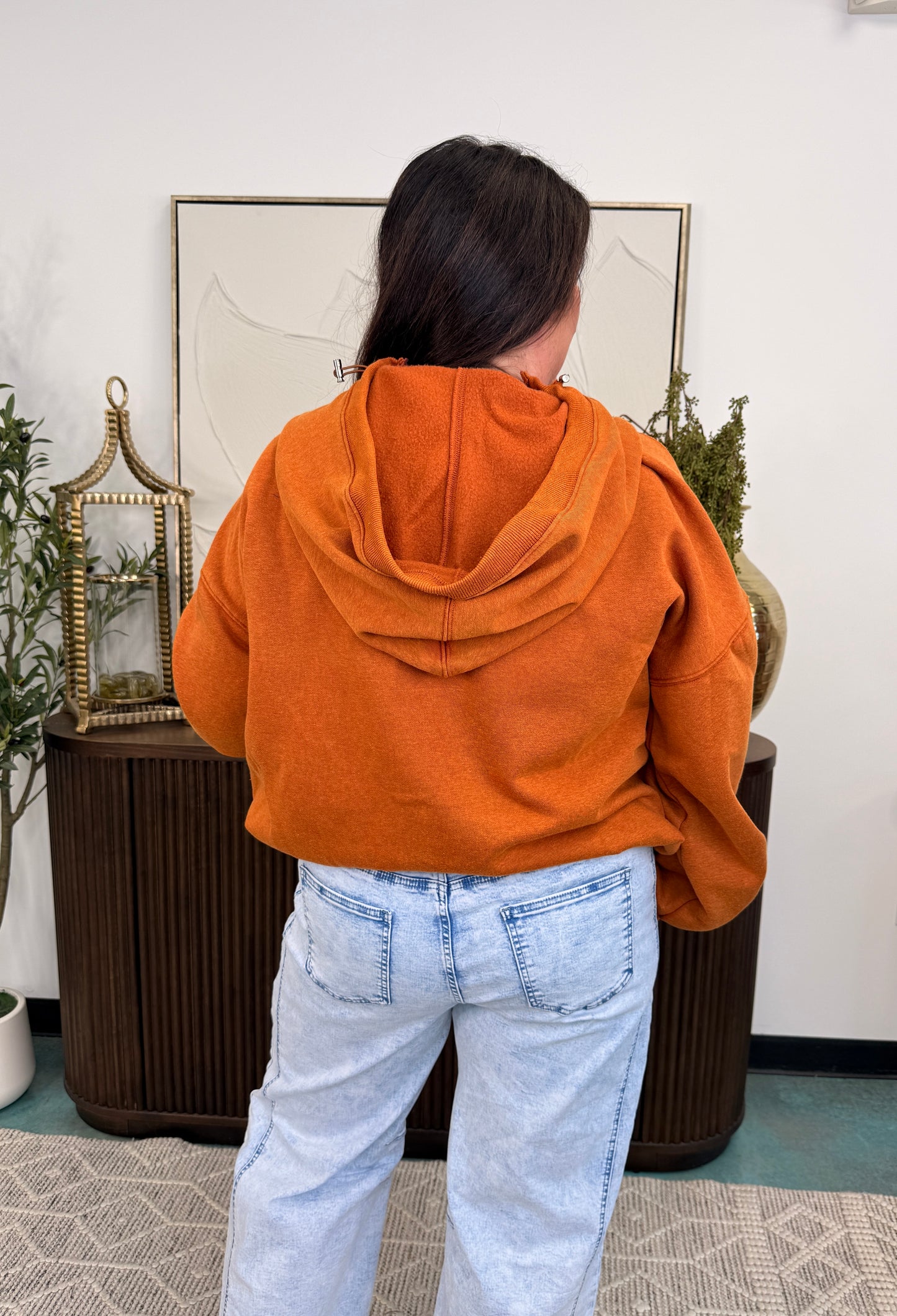 Washed Stitch Elastic Hem Half Zip Fleece Hoodie